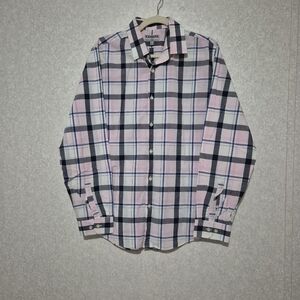 Express Men's Plaid Shirt in Pink and Blue...size:L
